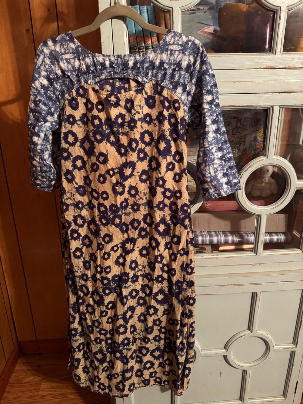Casual Navy Floral & Beige Tie-Dye Sleeve Women's Dress Size Small C3